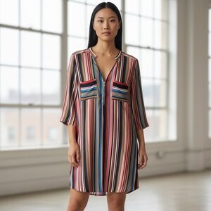 New York & Company Colorful Striped Stretch shirt dress, Sz Large.